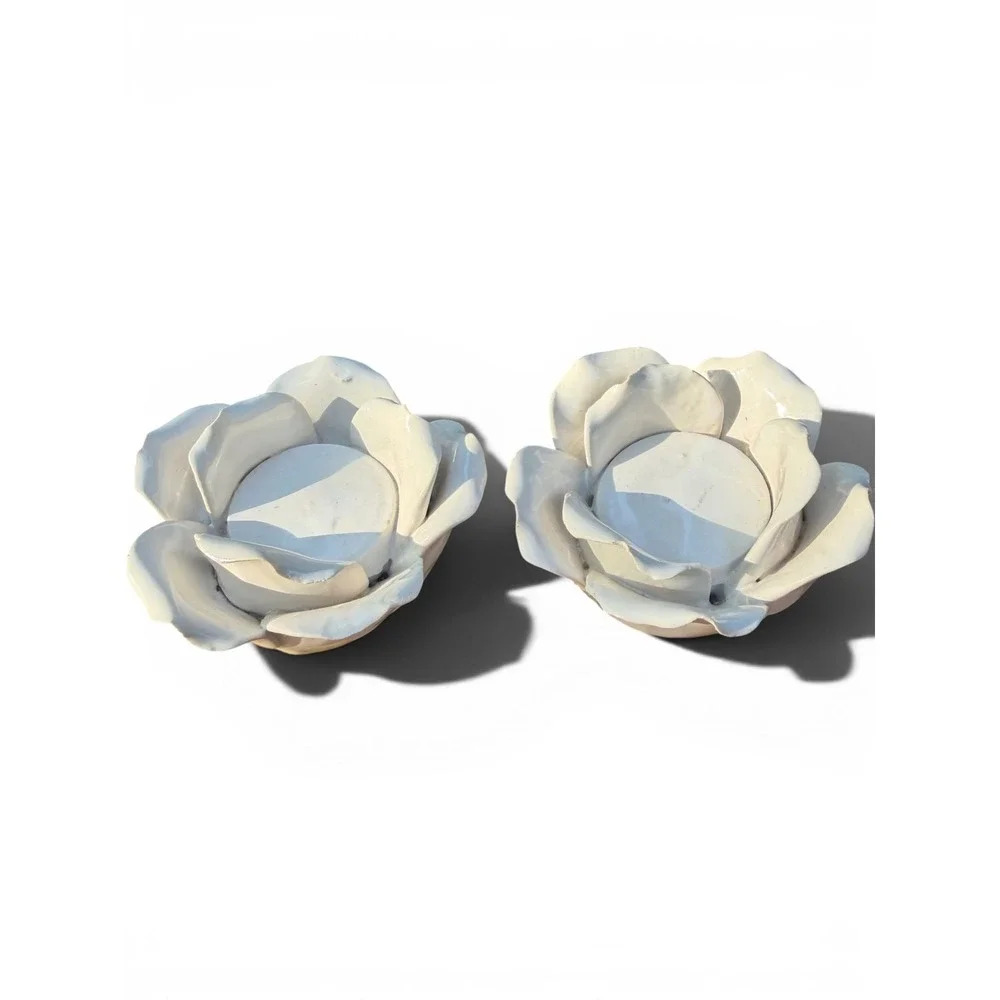 Tea Light Candle Holder Set White Ceramic Rose Vintage Floral Shabby Chic Decor